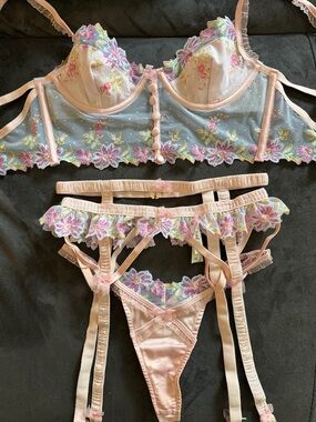 For Love & Lemons Pastel Pink Floral Embroidered Longline Bra & Garter Set
